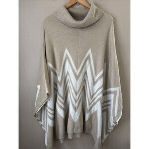 Ava & Vic Women’s Beige Brown Zigzag Turtleneck Poncho One Size Knit Cozy